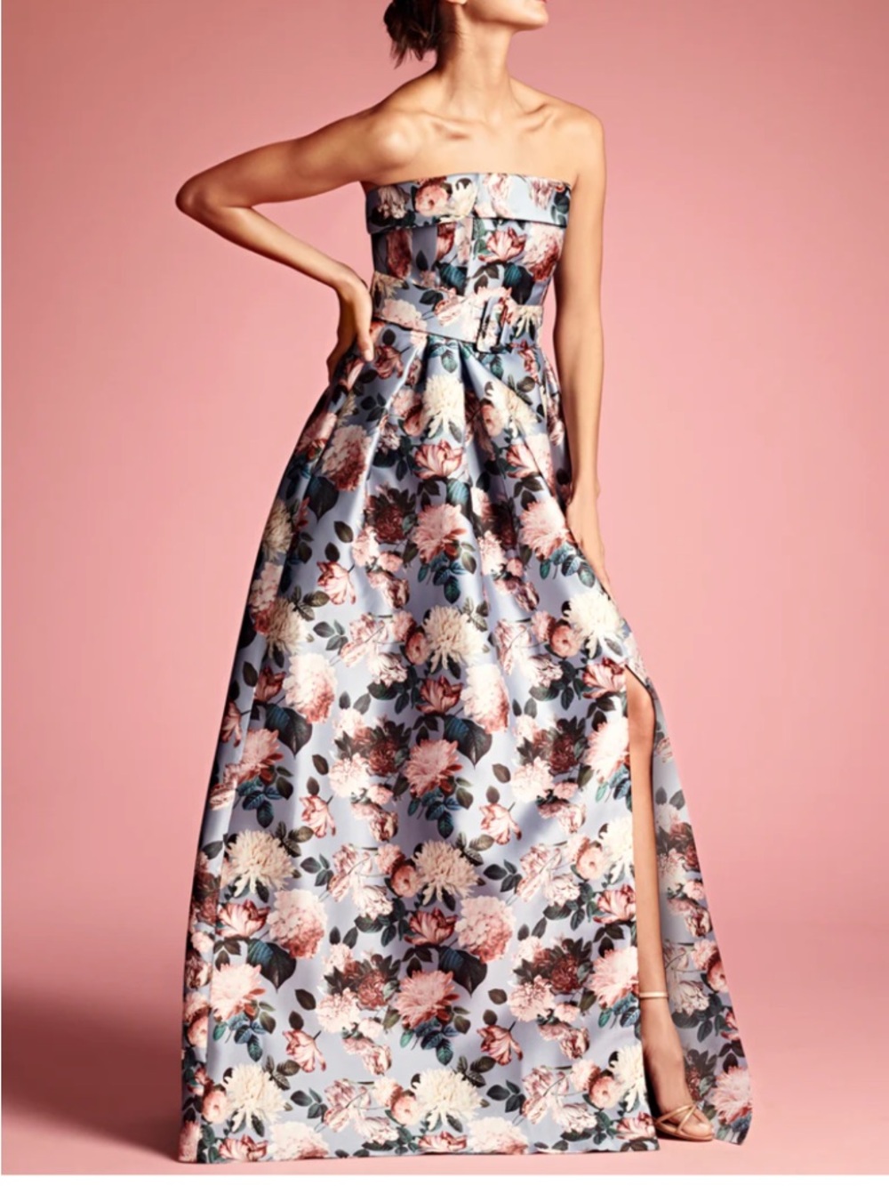 Sachin + Babi Strapless Floral Satin Gown in Light Blue and Blush